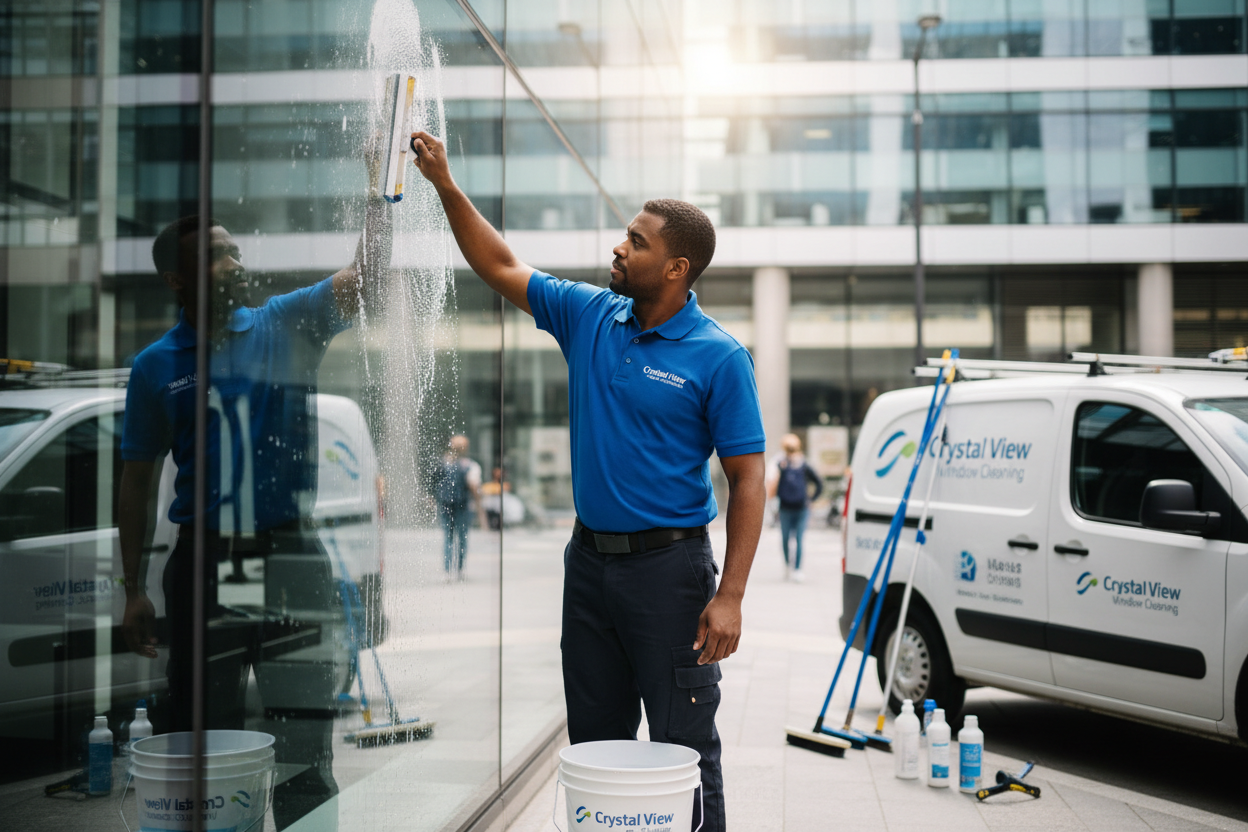 man of color cleaning window with logo saying crystal view window cleaning  and other logo`s in the image 